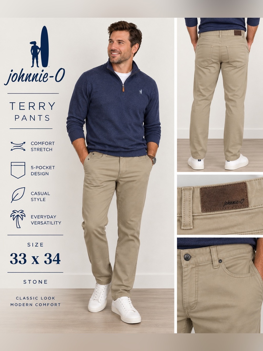 johnnie-O Terry Pants Mens 33x34 Stone Beige Stretch 5 Pocket Casual Chino